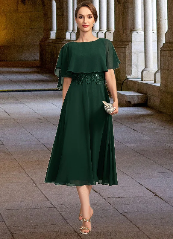 Maritza A-line Scoop Tea-Length Chiffon Mother of the Bride Dress With Appliques Lace Sequins STIP0021776