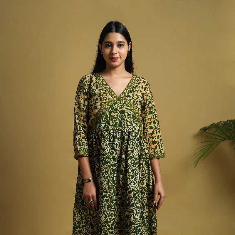 Green - Flared Cotton Batik Print Dress 03