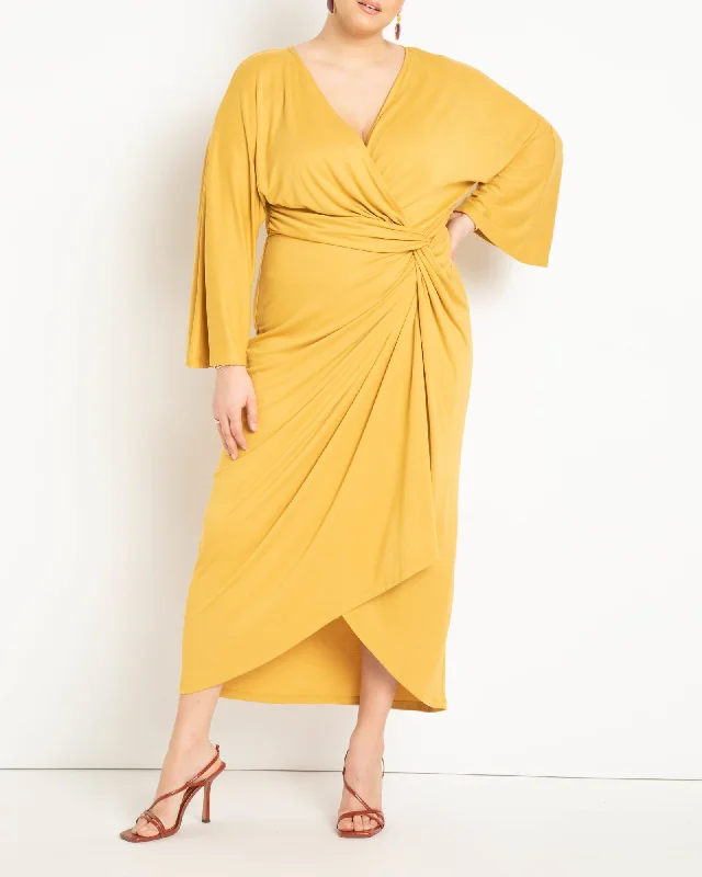 Draped Skirt Knit Dress- Bright Gold | Bright Gold