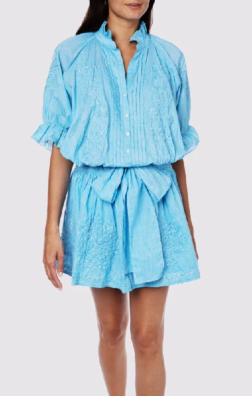 Blouson Dress With Tonal Lotus Embroidery Blue Acid Wash