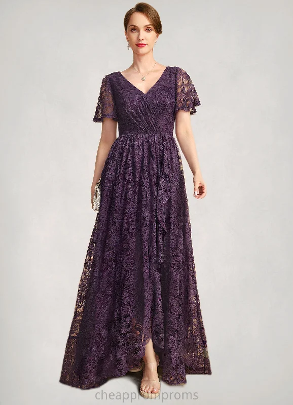 Belen A-line V-Neck Asymmetrical Lace Mother of the Bride Dress With Cascading Ruffles STIP0021918 Belen A-line V-Neck Asymmetrical Lace Mother of the Bride Dress With Cascading Ruffles STIP0021918