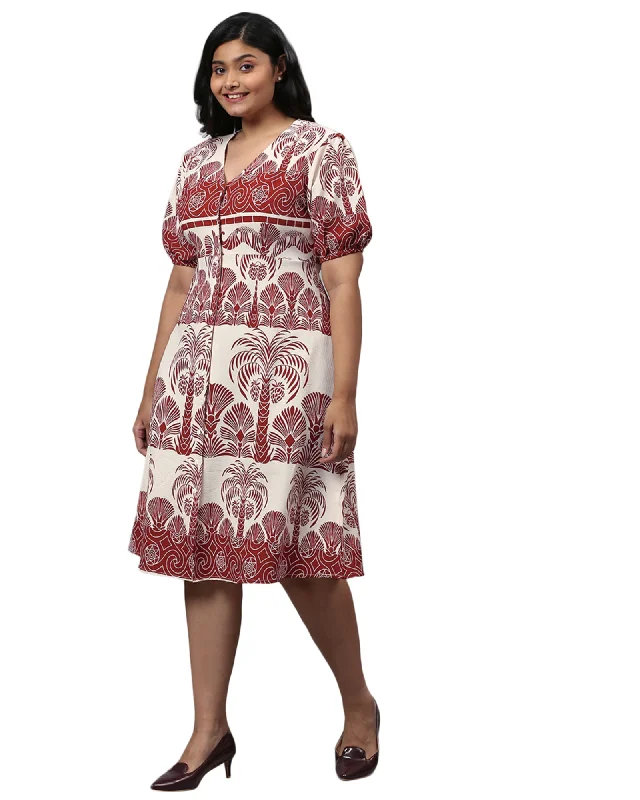 Floral Design Stylish Casual Dress- Red | Red