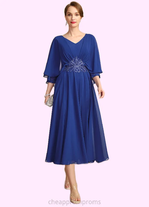 Bailey A-line V-Neck Tea-Length Chiffon Mother of the Bride Dress With Beading Pleated Appliques Lace Sequins STIP0021853 Bailey A-line V-Neck Tea-Length Chiffon Mother of the Bride Dress With Beading Pleated Appliques Lace Sequins STIP0021853