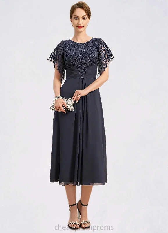 Valeria A-line Scoop Tea-Length Chiffon Lace Mother of the Bride Dress With Pleated STIP0021928 Valeria A-line Scoop Tea-Length Chiffon Lace Mother of the Bride Dress With Pleated STIP0021928