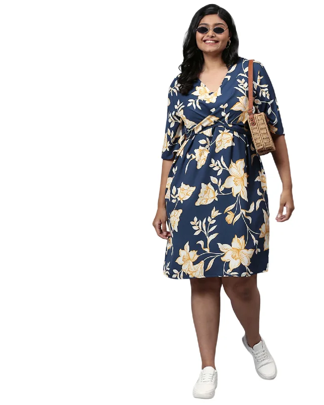 Floral Design Stylish Casual Dress- Royal Blue | Royal Blue
