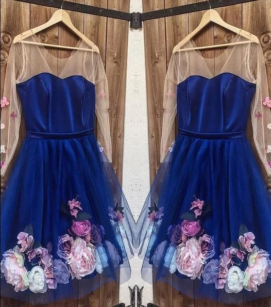 Long Sleeves 3D Floral Short Blue Dresses, Short Blue Formal Graduation Homecoming Dresses cg4513