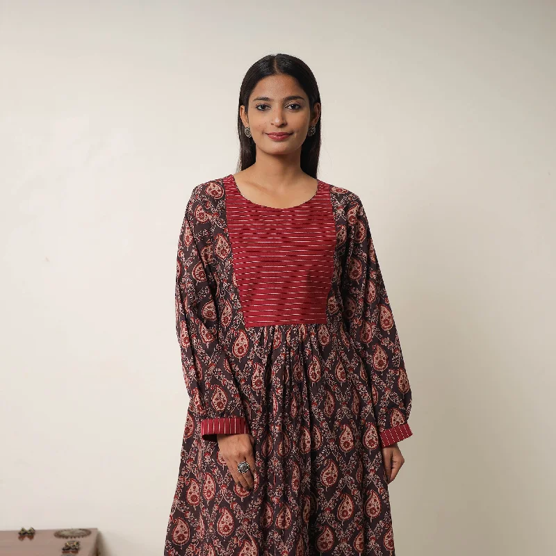 Brown - Hand Block Print Cotton Flared Gher Ajrakh Dress 14