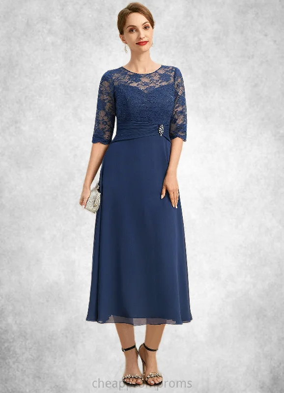 Yadira A-line Scoop Illusion Tea-Length Chiffon Lace Mother of the Bride Dress With Beading STIP0021826 Yadira A-line Scoop Illusion Tea-Length Chiffon Lace Mother of the Bride Dress With Beading STIP0021826