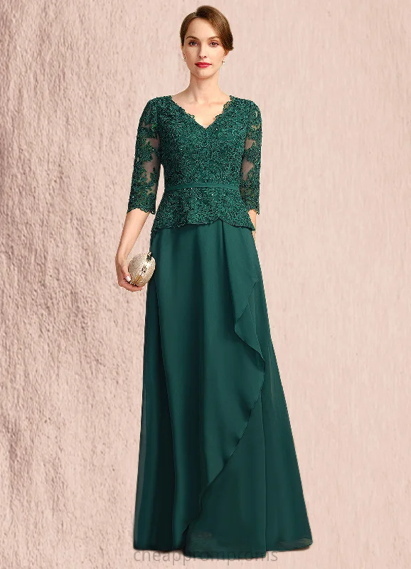 Abbigail A-line V-Neck Floor-Length Chiffon Lace Mother of the Bride Dress With Cascading Ruffles Sequins STIP0021934 Abbigail A-line V-Neck Floor-Length Chiffon Lace Mother of the Bride Dress With Cascading Ruffles Sequins STIP0021934