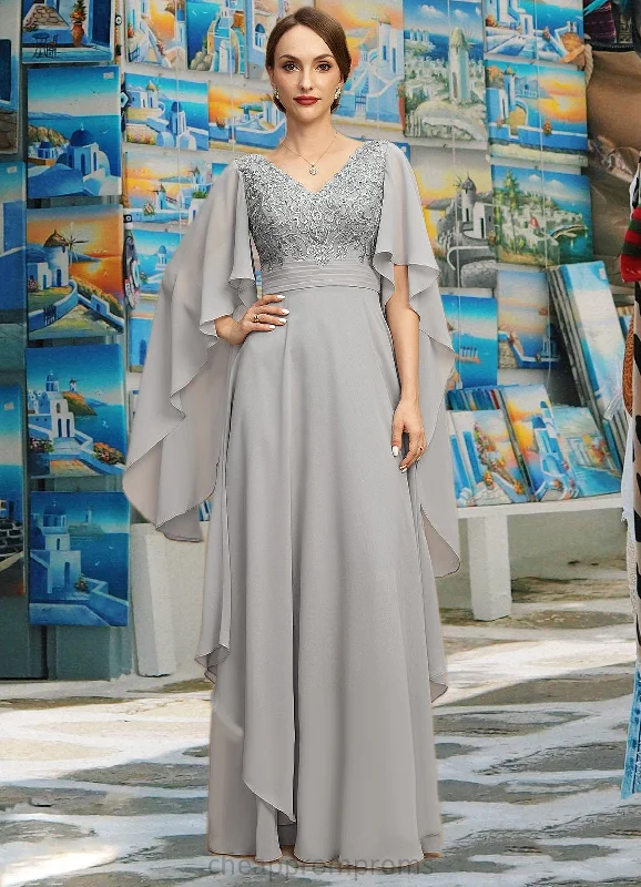 Novia A-line V-Neck Floor-Length Chiffon Lace Mother of the Bride Dress With Cascading Ruffles Sequins STIP0021883 Novia A-line V-Neck Floor-Length Chiffon Lace Mother of the Bride Dress With Cascading Ruffles Sequins STIP0021883