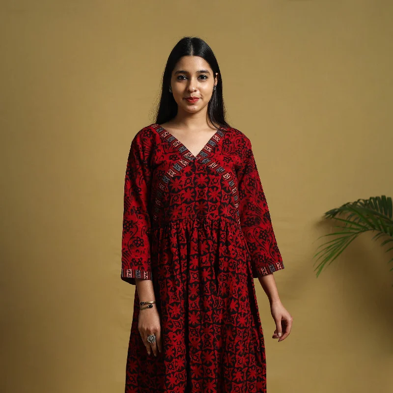Red - Flared Cotton Batik Print Dress 05