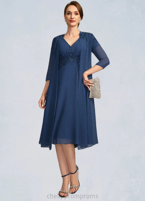 Millicent A-line V-Neck Knee-Length Chiffon Lace Mother of the Bride Dress With Beading Pleated Sequins STIP0021874 Millicent A-line V-Neck Knee-Length Chiffon Lace Mother of the Bride Dress With Beading Pleated Sequins STIP0021874