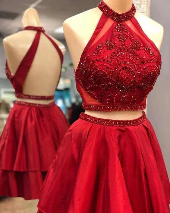 Two Piece Short Red Homecoming Dress with Backless cg4037