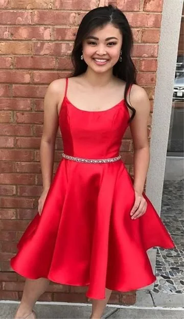 A-Line Spaghetti Straps Knee-Length Red Homecoming Dress with Beading  cg2769