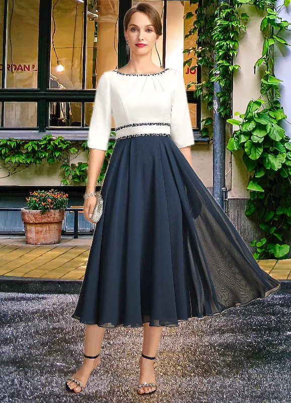 Scarlett A-line Scoop Tea-Length Chiffon Mother of the Bride Dress With Beading Pleated Sequins STIP0021786 Scarlett A-line Scoop Tea-Length Chiffon Mother of the Bride Dress With Beading Pleated Sequins STIP0021786