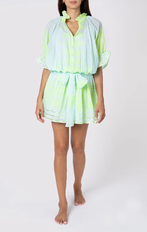 Blouson Dress With Dhaka Print & Silver Trim W/Slip Aqua/Neon Yellow