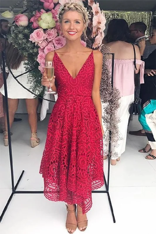 Simple A Line Red Deep V Neck Spaghetti Straps Asymmetrical Lace homecoming Dresses cg1900 Simple A Line Red Deep V Neck Spaghetti Straps Asymmetrical Lace homecoming Dresses cg1900