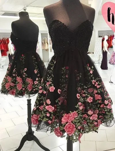 A Line Sweetheart Flower Lace Black Short homecoming Dresses, Little Black Dresses cg2356 A Line Sweetheart Flower Lace Black Short homecoming Dresses, Little Black Dresses cg2356