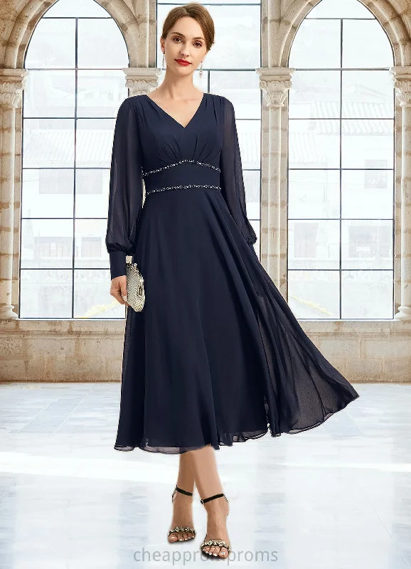 Aria A-line V-Neck Tea-Length Chiffon Mother of the Bride Dress With Beading Pleated STIP0021804 Aria A-line V-Neck Tea-Length Chiffon Mother of the Bride Dress With Beading Pleated STIP0021804