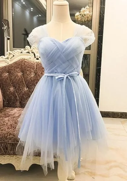Light Blue Patchwork Grenadine Belt Double-deck Irregular Mini homecoming Dress cg4378
