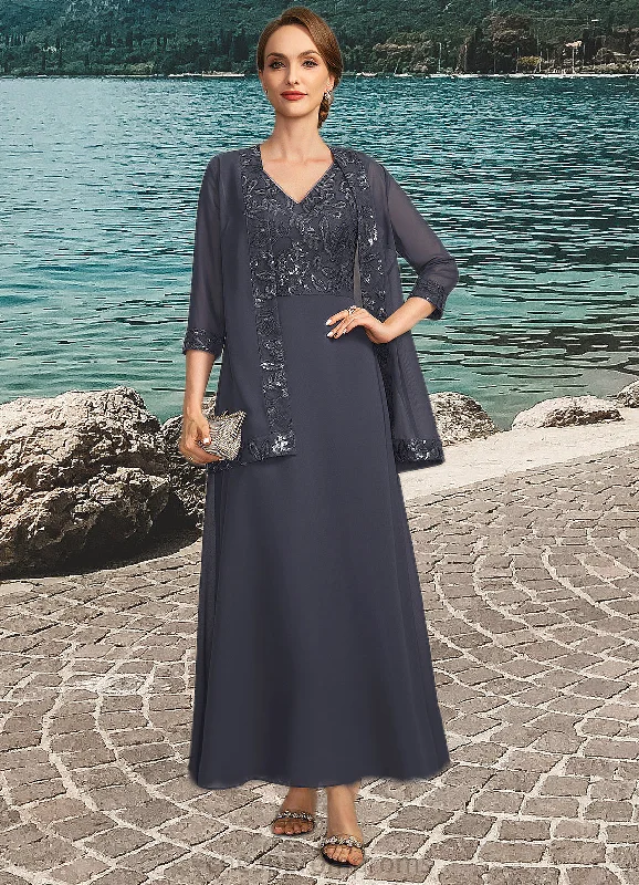 Rowan A-line V-Neck Ankle-Length Chiffon Lace Sequin Mother of the Bride Dress STIP0021798 Rowan A-line V-Neck Ankle-Length Chiffon Lace Sequin Mother of the Bride Dress STIP0021798