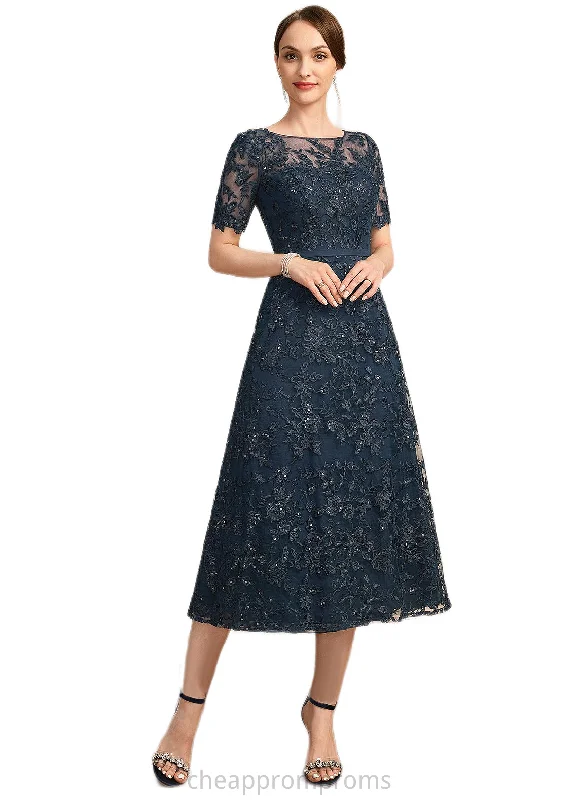 Daisy A-line Scoop Illusion Tea-Length Lace Mother of the Bride Dress With Sequins STIP0021781 Daisy A-line Scoop Illusion Tea-Length Lace Mother of the Bride Dress With Sequins STIP0021781