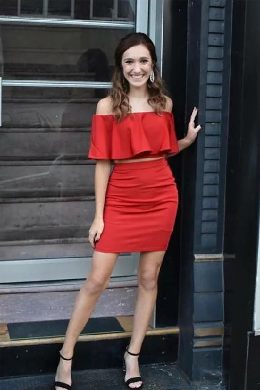 Two Piece Off-the-Shoulder Above-Knee Red Homecoming Dress with Ruffles cg4447
