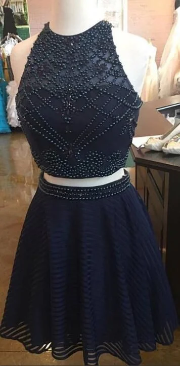 Two Piece Short Navy Blue Beads Homecoming Dress cg2609