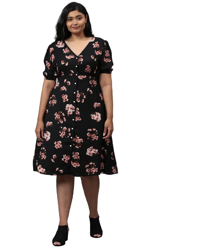 Floral Design Stylish Casual Dress- Black | Black