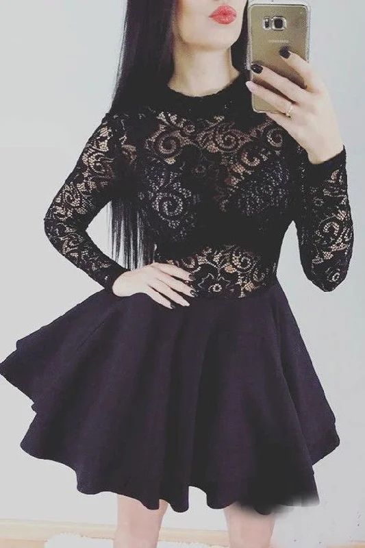 BLACK SHORT HOMECOMING DRESSES WITH LONG SLEEVES LACE cg4644