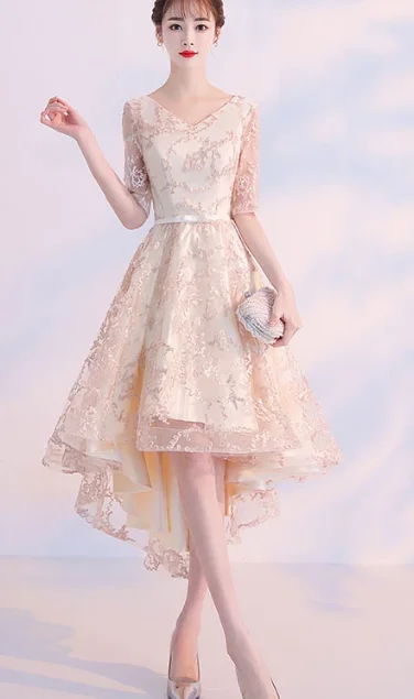 CHAMPAGNE LACE HIGH LOW  DRESS, LACE EVENING homecoming DRESS  cg2749