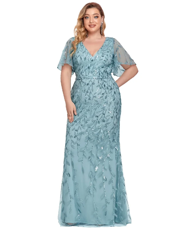 Shiny V Neck Leaf-Sequined Bodycon Formal Evening Dresses | Dusty Blue