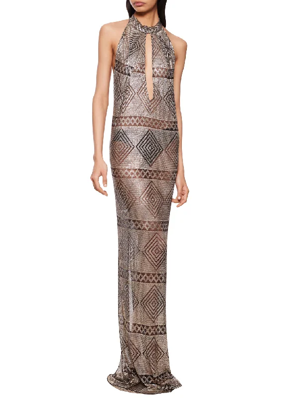 1920s Egyptian Diamond Design Silver Dress