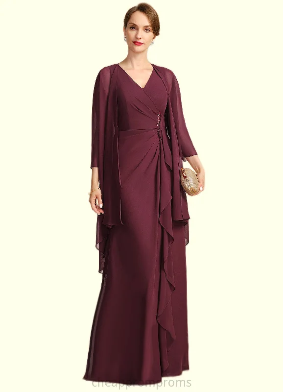 Irene Sheath/Column V-Neck Floor-Length Chiffon Mother of the Bride Dress With Beading Cascading Ruffles STIP0021835 Irene Sheath/Column V-Neck Floor-Length Chiffon Mother of the Bride Dress With Beading Cascading Ruffles STIP0021835