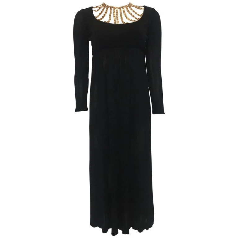 Jay Kobrin 1960's Black Matte Jersey Long Dress with Gold Chain Neckline