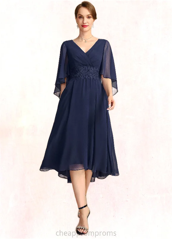 Gracie A-line V-Neck Asymmetrical Chiffon Mother of the Bride Dress With Pleated Appliques Lace STIP0021845 Gracie A-line V-Neck Asymmetrical Chiffon Mother of the Bride Dress With Pleated Appliques Lace STIP0021845