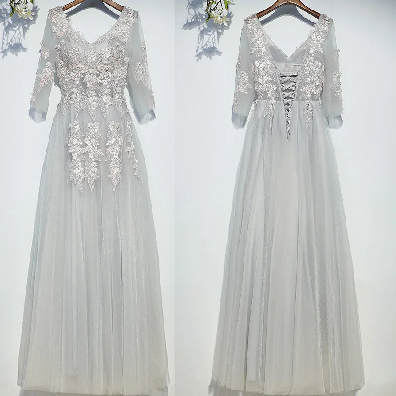 Elegant Long Sleeves Tulle Applique Light Grey Cheap Long Prom Dresses, BGP023