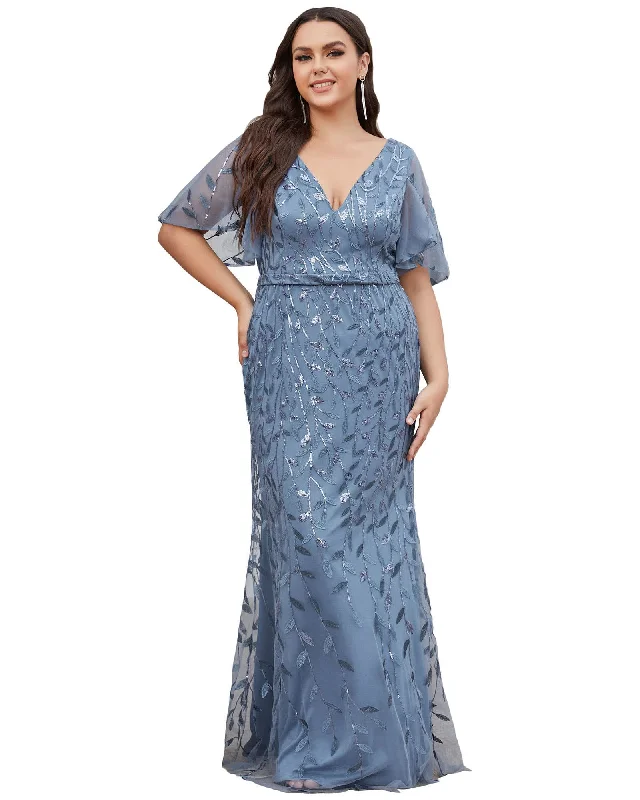 Shiny V Neck Leaf-Sequined Bodycon Formal Evening Dresses | Dusty Navy