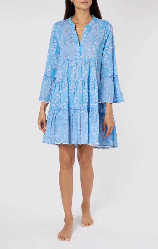 Flared Sleeve Dress In Small Flower Block Print Blue