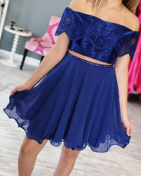 Cute A Line Tow Piece Off the Shoulder Royal Blue Chiffon Lace Short Homecoming Dresses with Beading cg2688 Cute A Line Tow Piece Off the Shoulder Royal Blue Chiffon Lace Short Homecoming Dresses with Beading cg2688