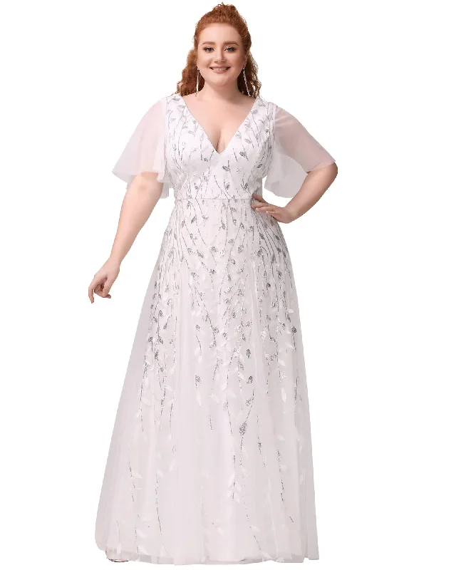 V Neck Ruffle Sleeves Sequin Maxi Evening Dress | White