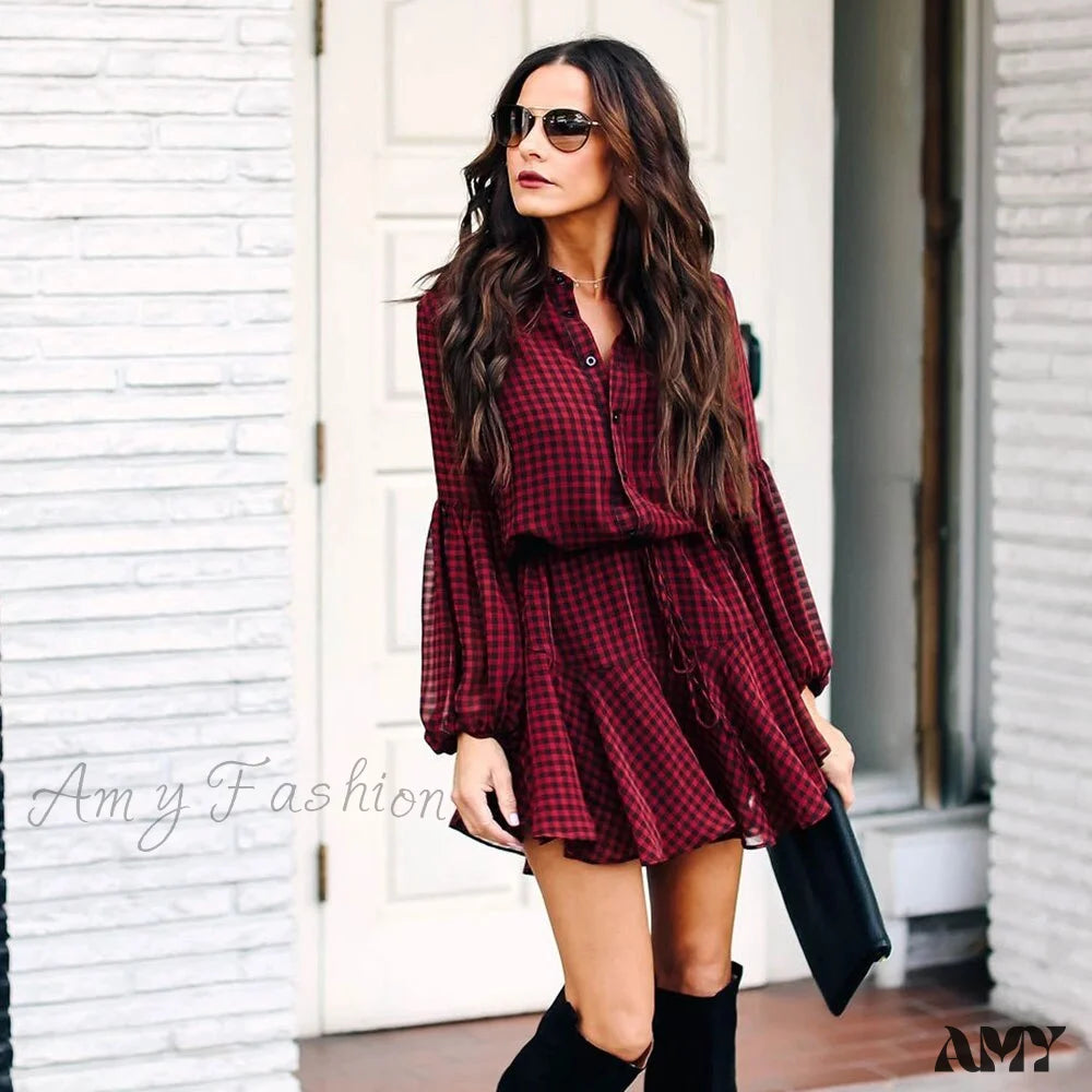 Amy Fashion - New Cotton Casual Fashion Lantern Sleeve Plaid Check Dress