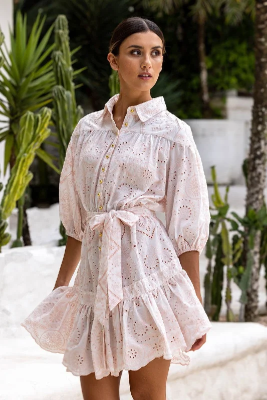 Broderie Anglaise Dress - Belted Summer Dress - Louisa White/Pink