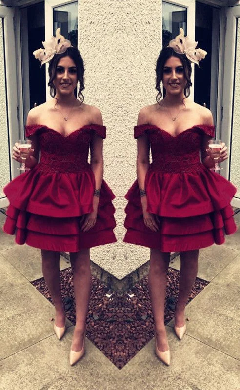 Short satin ruffles homecoming dresses burgundy cg2464