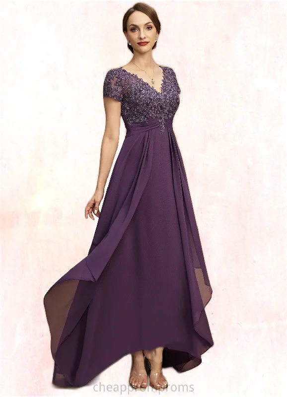 Kenya A-line V-Neck Asymmetrical Chiffon Lace Mother of the Bride Dress With Cascading Ruffles STIP0021899 Kenya A-line V-Neck Asymmetrical Chiffon Lace Mother of the Bride Dress With Cascading Ruffles STIP0021899
