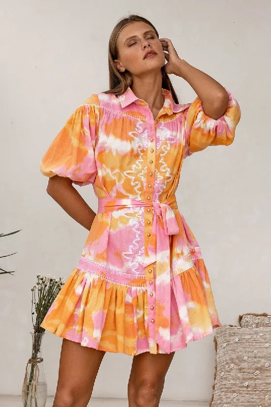 Embroidered Dress in Pink/Orange