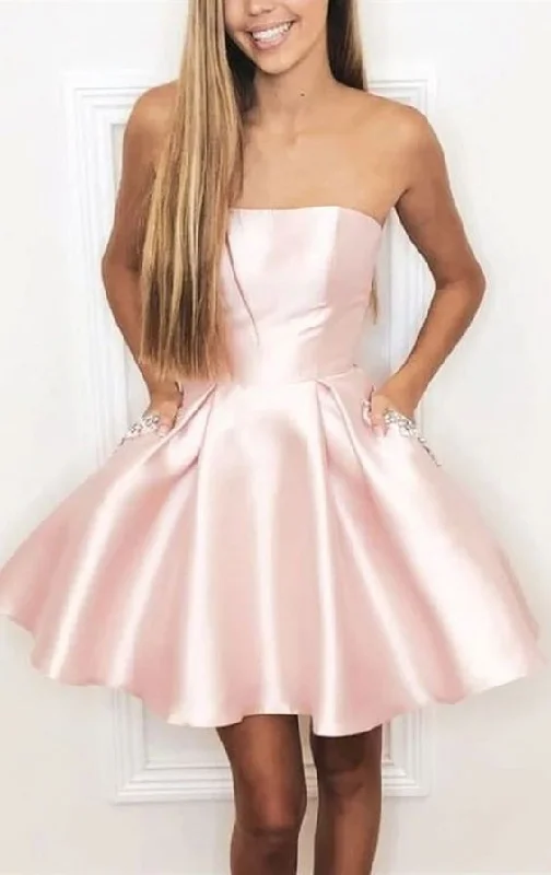 A Line Strapless pink Short Homecoming Dress With Pockets Beading cg2544