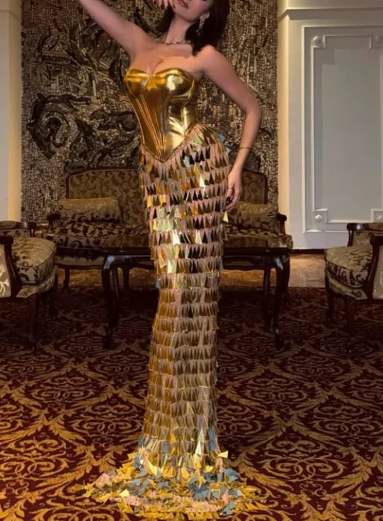 Luxurious Gold Satin Sequins Evening Dress,Strapless Mermaid Prom Dress cc2475