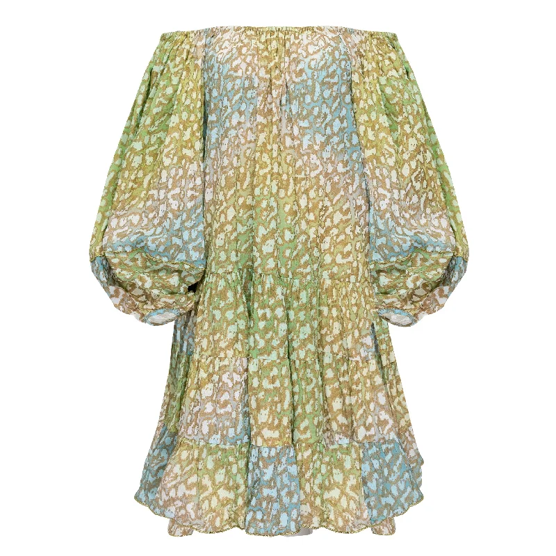 Tie Dye Boho Layer Dress With Snow Leopard Print Green Lime/Turq