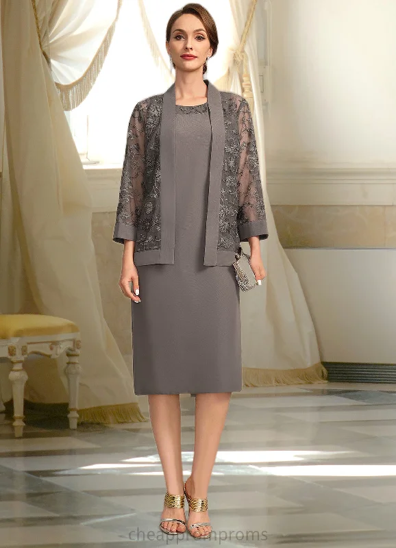 Mia Sheath/Column Scoop Knee-Length Chiffon Mother of the Bride Dress With Appliques Lace STIP0021842 Mia Sheath/Column Scoop Knee-Length Chiffon Mother of the Bride Dress With Appliques Lace STIP0021842